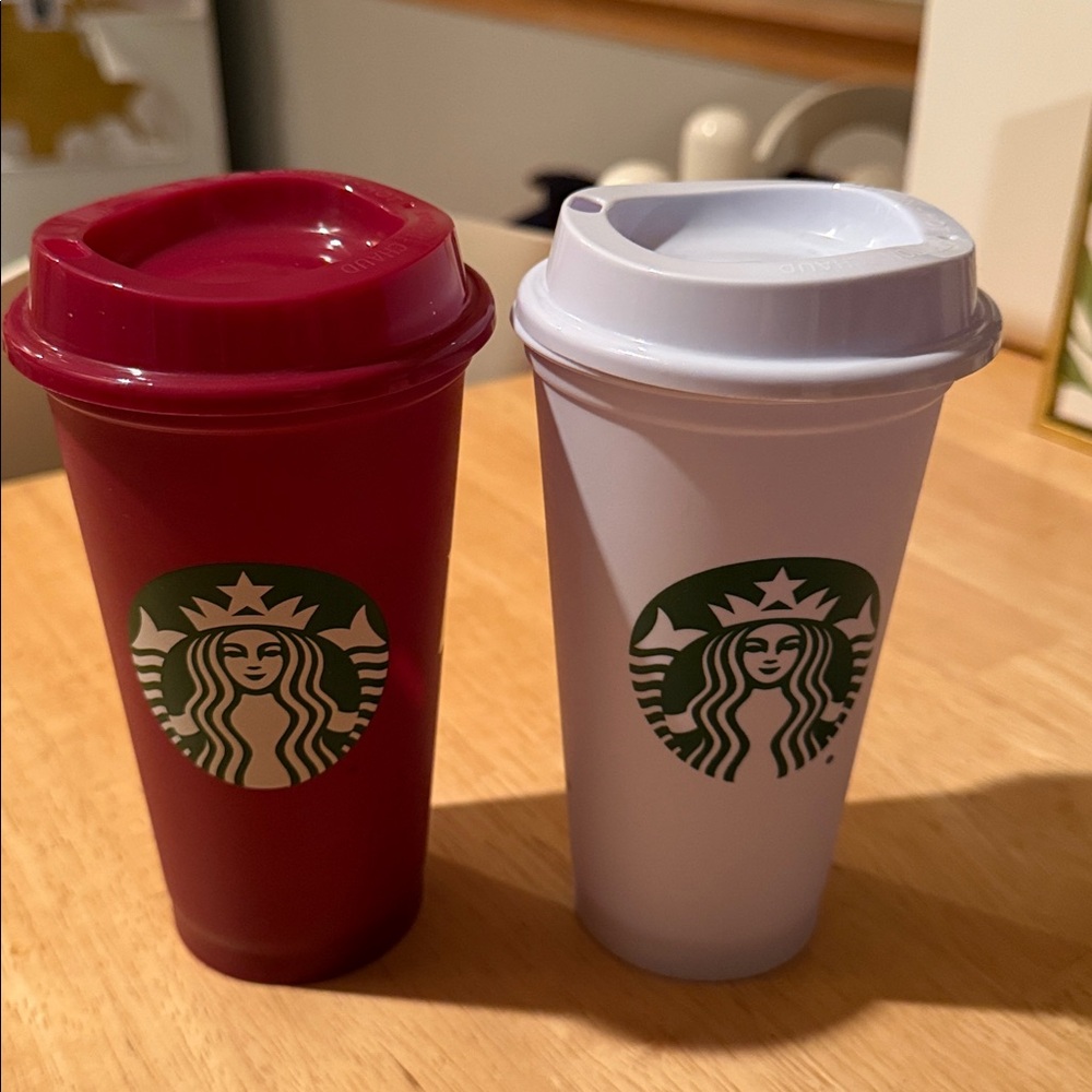 Starbucks maroon and White hot to go coffee cups (ASU school logo on it)